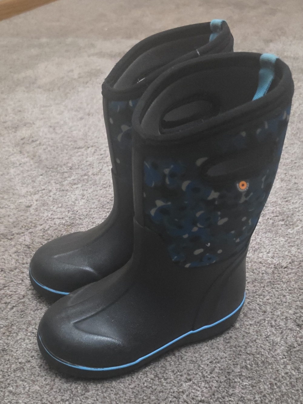 Bogs Black Rain Boots with Blue Floral Accents